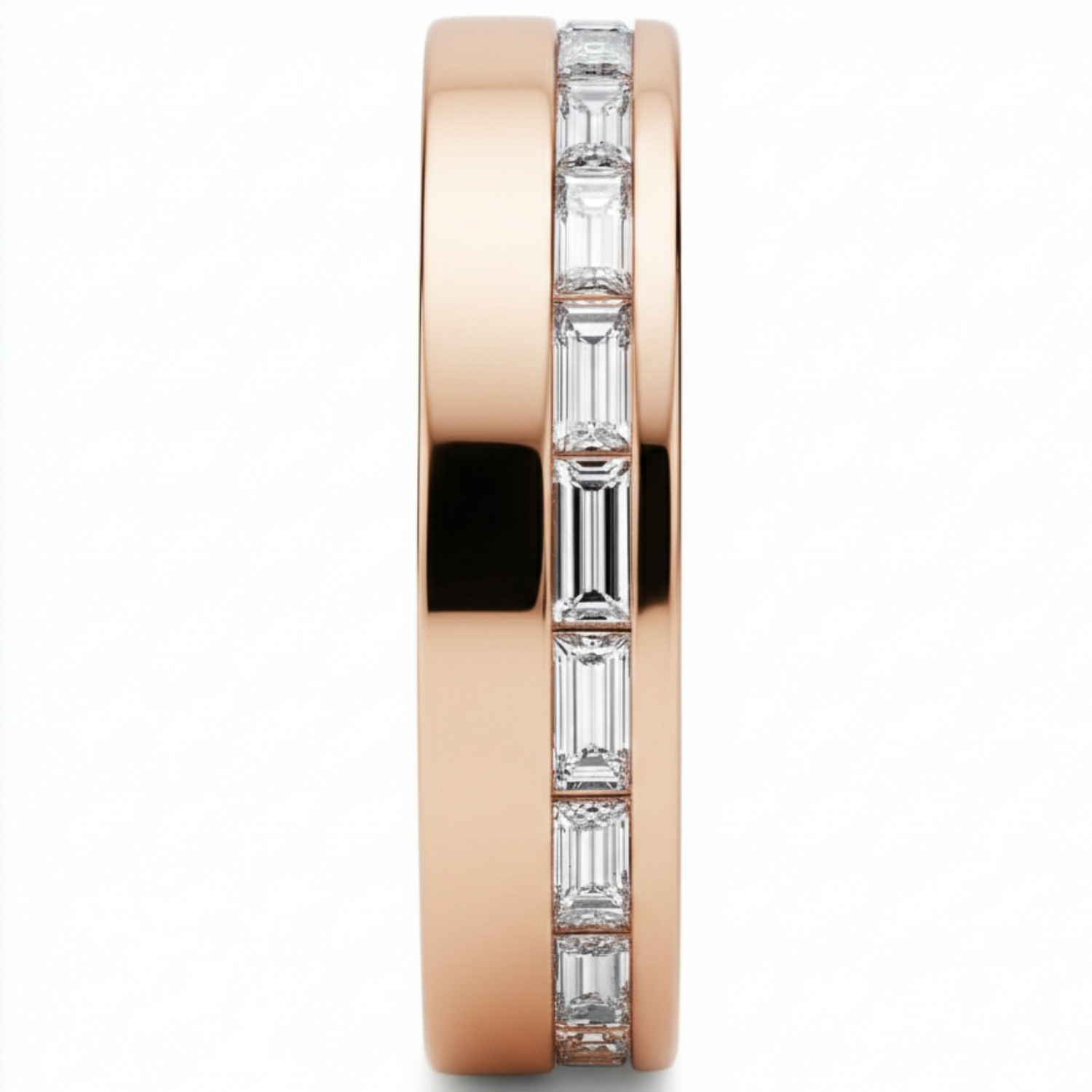 Rose gold ring with diamond accents in a channel with white background