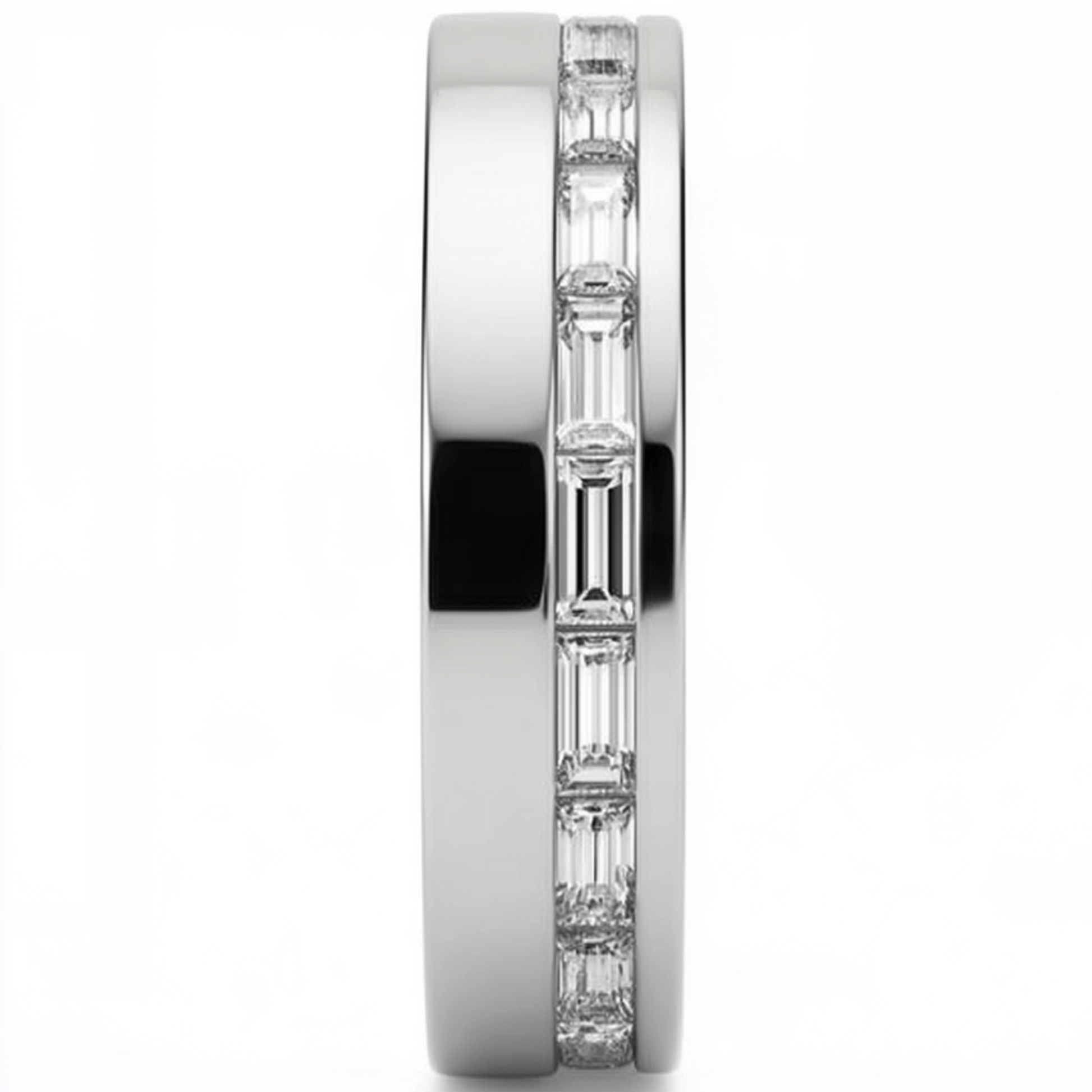 White gold ring with diamond accents on a white background