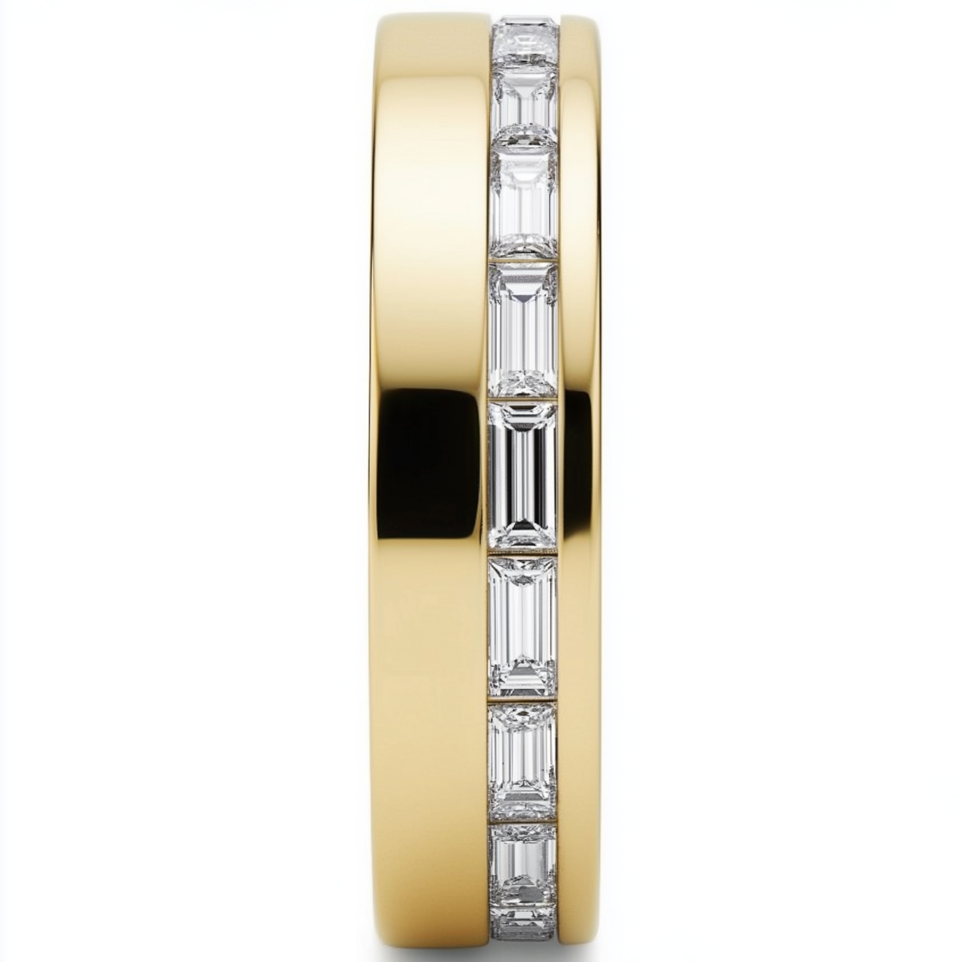 Gold band with diamond accents in a channel with white background