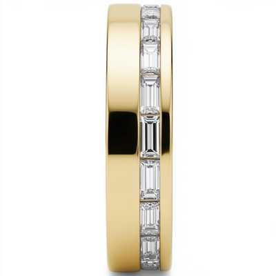 Gold band with diamond accents in a channel with white background